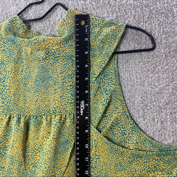 DECREE Blouse Women XL Sheer Cowl Neck Chiffon Blue Yellow Print Flowy Top Shirt - Picture 5 of 12